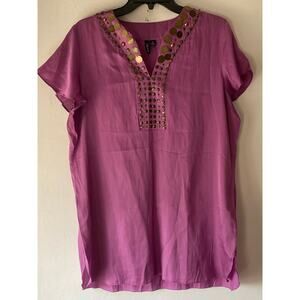 Relativity Purple Embellished‎ Top SZ XL Cotton Blend Short Sleeve Ethnic Career